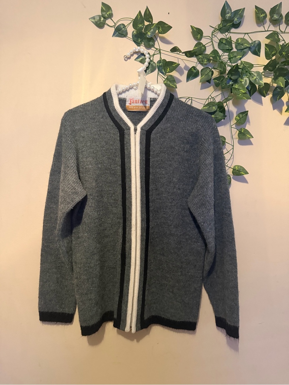 VINTAGE 1960’s Jantzen Gray Cardigan with Black and White Stripe Trim